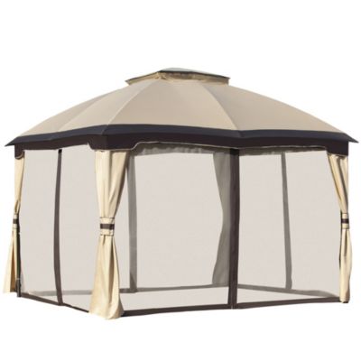 Outsunny 12' X 10' 2 Level Outdoor Gazebo Canopy Tent For Patio With Zippered Mesh Sidewalls Solid Steel Frame Arched Roof Beige