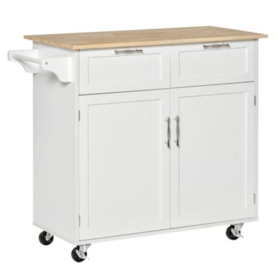 Homcom 41"" Modern Rolling Kitchen Island On Wheels Utility Cart Storage Trolley With Rubberwood Top And Drawers White