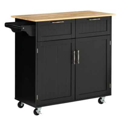 Homcom 41"" Modern Rolling Kitchen Island On Wheels Utility Cart Storage Trolley With Rubberwood Top And Drawers Black
