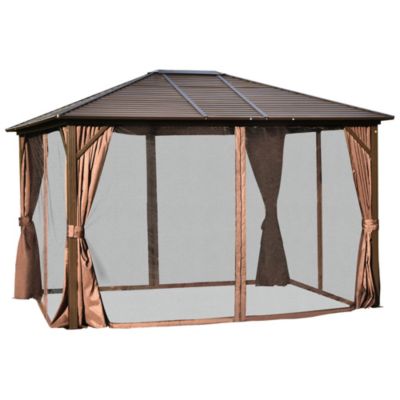 Outsunny 12' X 10' Outdoor Hardtop Canopy Patio Gazebo With Steel Roof Aluminum Frame Fully Enclosed Zippered Curtains And Breathable Netting