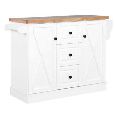 Homcom Farmhouse Mobile Kitchen Island Utility Cart On Wheels With Barn Door Style Cabinets Drawers White