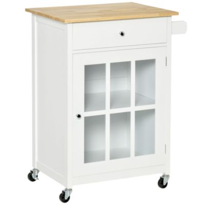 Homcom 27"" Rolling Kitchen Island Cart With Drawer And Glass Door Cabinet Kitchen Trolley With Adjustable Shelf And Towel Rack White
