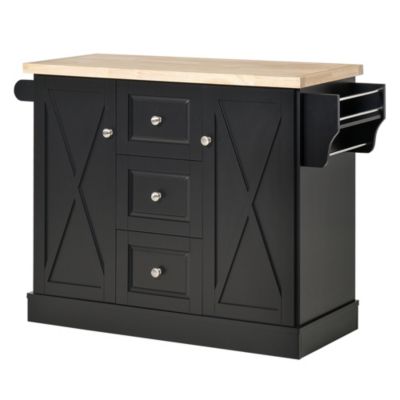 Homcom Farmhouse Mobile Kitchen Island Utility Cart On Wheels With Barn Door Style Cabinets Drawers Black