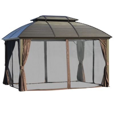 Outsunny 12' X 10' Hardtop Steel Gazebo Canopy For Patio Heavy Duty Outdoor Pavilion With Aluminum Alloy Frame Double Roof Net Sidewalls And Curtains
