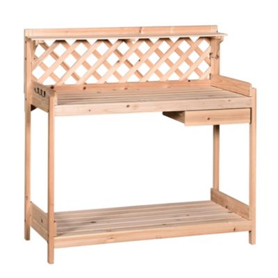 Outsunny Outdoor Garden Potting Bench Wooden Workstation Table W/ Drawer Hooks Open Shelf Lower Storage And Lattice Back For Patio Backyard And Porch
