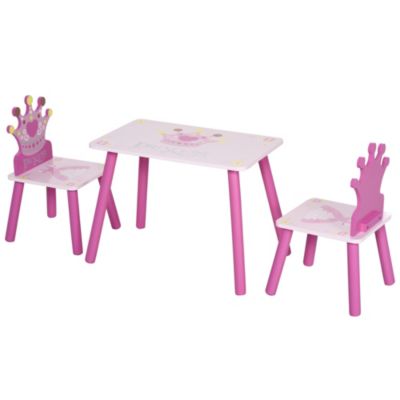 Qaba 3 Piece Kids Wooden Table And Chair Set With Crown Pattern Gift For Girls Toddlers Arts Reading Writing Age 3 Years+ Pink