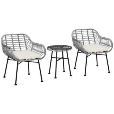 Outsunny 3 Pieces Patio Pe Rattan Bistro Set Outdoor Round Wicker Woven Coffee Set 2 Chairs And 1 Coffee Table For Garden Backyard Deck Cream White
