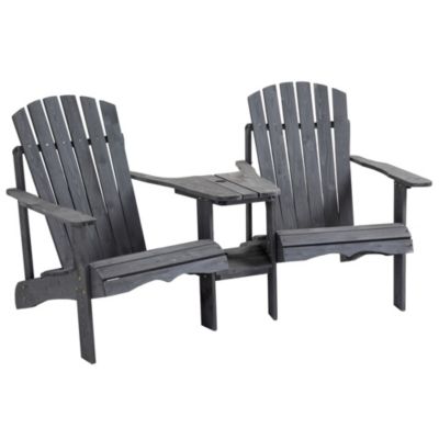 Outsunny Wooden Outdoor Double Adirondack Chairs With Center Table And Umbrella Hole Perfect For Lounging And Relaxing Grey