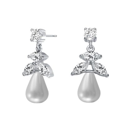 Rozzato Lab Created Sterling Silver Rhodium Plated White Round Freshwater Pearl With Marquise And Round Cz Earrings