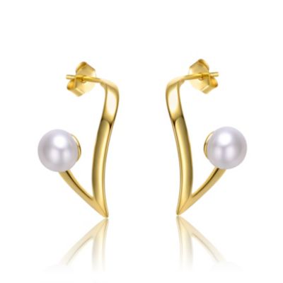Rozzato Lab Created Sterling Silver 14K Yellow Gold With White Pearl Open Geometric Abstract Art Earrings