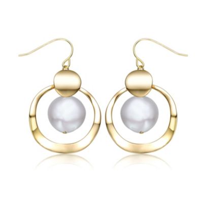 Rozzato Lab Created Sterling Silver 14K Yellow Gold Plated With White Pearl Concentric Halo Dangle Drop Earrings