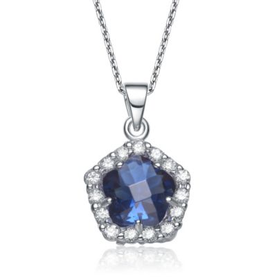 Rozzato Ga .925 Sterling Silver White Yellow Gold Plated Sapphire Cz Flower Shape Drop Pendant Necklace