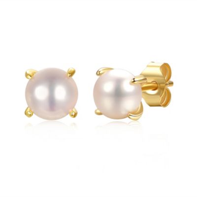 Rozzato Lab Created Ga14K Gold Plated With 7Mm Round White Freshwater Pearl Solitaire Stud Earrings In Sterling Silver
