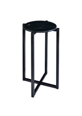 Duna Range Ivy 24.5 Inch Round Marble Top Accent Side Table With Metal Frame, Black