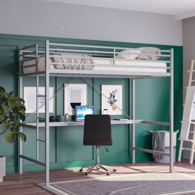 Emma And Oliver Jensen Metal Loft Bed Frame With Desk, Protective Guard Rails And Ladder For Kids, Teens And Adults