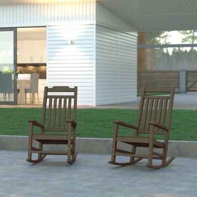 Emma And Oliver Set Of 2 All-Weather Poly Resin Faux Wood Rocking Chairs For Porch &patio