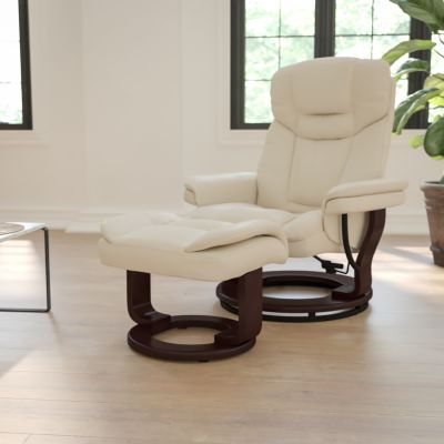 Emma And Oliver Multi-Position Recliner & Curved Ottoman With Swivel Wood Base