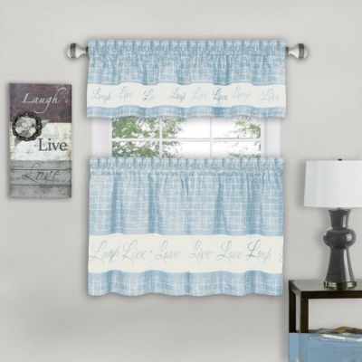 Kate Aurora Country Farmhouse Gingham Plaid Check Live~Laugh~Love 3 Pc Kitchen Curtain Set - 57 In. W X 36 In. L, Baby Blue