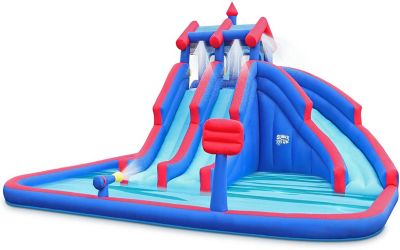 Sunny & Fun Deluxe Inflatable Water Triple Slide Park â Heavy-Duty Nylon Bouncy Station For Outdoor Fun - Climbing Wall, 3 Slides & Splash Pool â