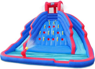 Sunny & Fun Deluxe Inflatable Water Slide Park â Heavy-Duty Nylon Bouncy Station For Outdoor Fun - Climbing Wall, Two Slides & Splash Pool â Easy
