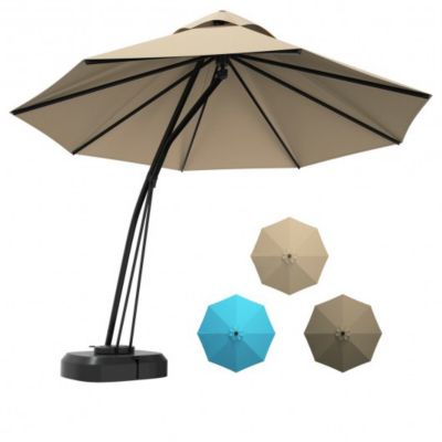 Costway 11 Feet Outdoor Cantilever Hanging Umbrella With Base And Wheels-Turquoise