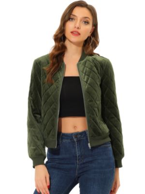 Allegra K Women's Quilted Zip-Up Raglan Sleeves Bomber Jacket Dark Green  X-Large