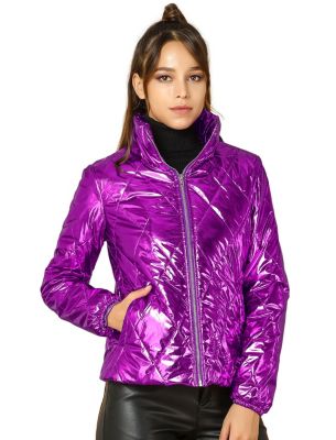 Allegra K Women's Holographic Shiny Zipper Metallic Down Puffer Jacket