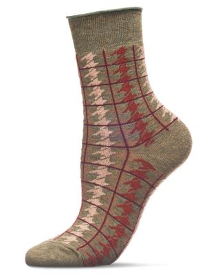 Memoi Women's Houndstooth Plaid Roll Top Cotton-Blend Crew Socks