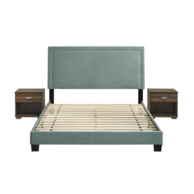 Elements Picket House Furnishings Emery Upholstered Queen Bed With Two Nightstands In Green
