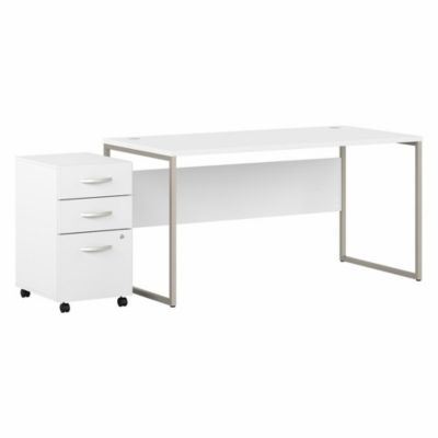Bush Business Furniture Bush Furniture Hybrid 60W X 30D Computer Table Desk With 3 Drawer Mobile File Cabinet, White/white
