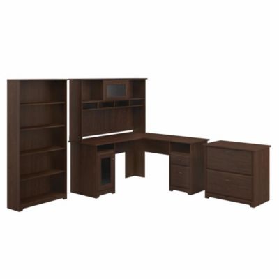Bush Business Furniture Cabot L Shaped Desk With Hutch, Lateral File Cabinet And 5 Shelf Bookcase