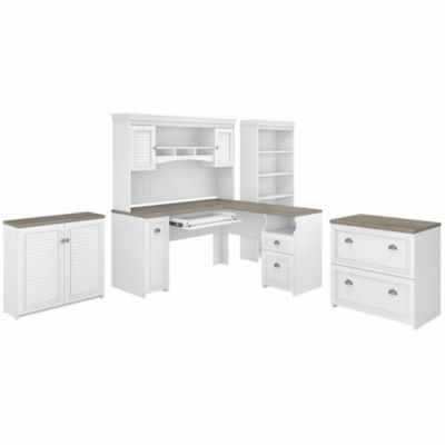 Bush Business Furniture Fairview 60W L Shaped Desk With Hutch, File Cabinet, Bookcase And Storage