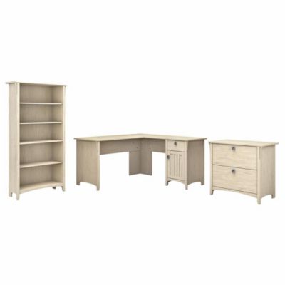 Bush Business Furniture Salinas 60W L Shaped Desk With Lateral File Cabinet And 5 Shelf Bookcase Antique White