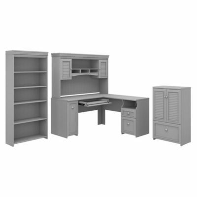 Bush Business Furniture Fairview, 60W L Shaped Desk With Hutch, 5 Shelf Bookcase And Storage