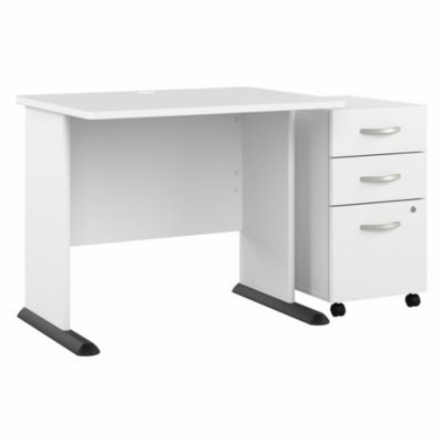 Bush Business Furniture Studio A 36W Small Computer Desk With 3 Drawer Mobile File Cabinet In White