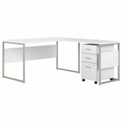 Bush Business Furniture Bush Furniture Hybrid 60W X 30D L Shaped Table Desk With Mobile File Cabinet, White/white