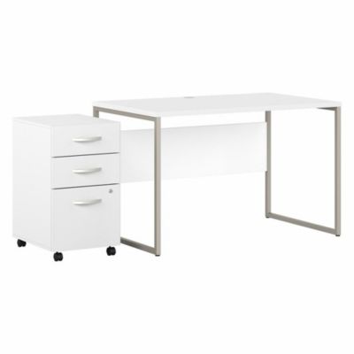 Bush Business Furniture Bush Furniture Hybrid 48W X 30D Computer Table Desk With 3 Drawer Mobile File Cabinet, White/white
