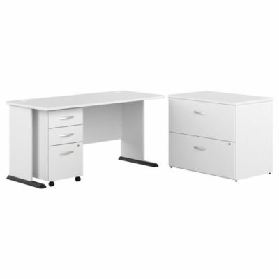 Bush Business Furniture Studio A 60W Computer Desk With Mobile And Lateral File Cabinets In White