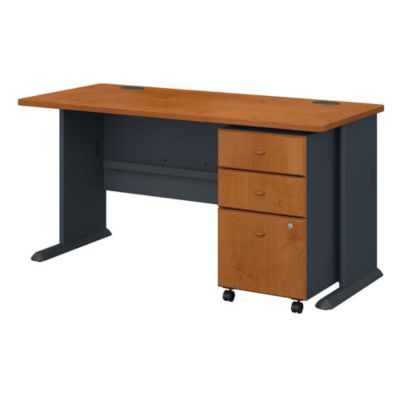 Bush Business Furniture Series A 60W Desk With Mobile File Cabinet, Natural Cherry/slate