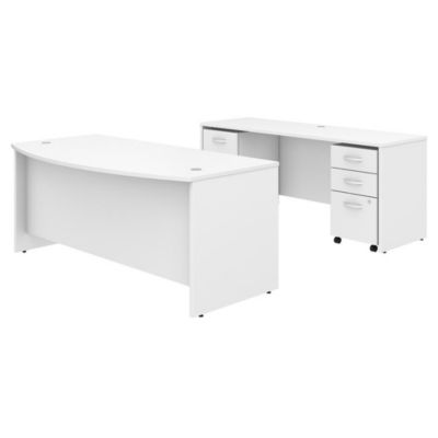 Bush Business Furniture Studio C 72W X 36D Bow Front Desk And Credenza With Mobile File Cabinets, White
