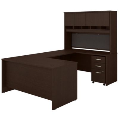 Bush Business Furniture Series C 60W U Shaped Desk With Hutch And Mobile File Cabinet , Mocha Cherry