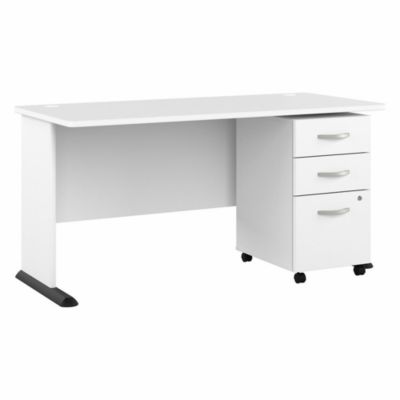 Bush Business Furniture Studio A 60W Computer Desk With 3 Drawer Mobile File Cabinet In White