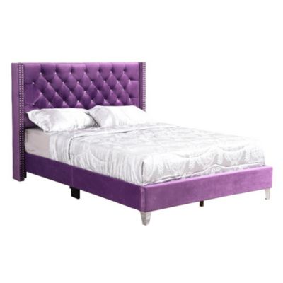 Passion Furniture Julie Purple Tufted Upholstered Low Profile Queen Panel Bed