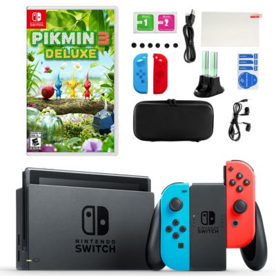 Nintendo Switch In Neon With Pikmin 3 Deluxe And Accessories