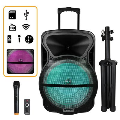 Trexonic Combination 15 Inch Bluetooth Portable Speaker And Tripod Stand With Reactive Lights, Fm Radio, Usb/tf Inputs, Rechargeable Battery & Voice