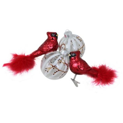 Northlight 4Ct Red And White Cardinal Birds Glass Finish Christmas Ball Ornaments 6.25"" (155Mm)
