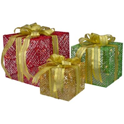 Northlight Set Of 3 Led Lighted Red Green And Gold Glitter Gift Boxes Outdoor Christmas Decoration