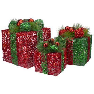 Northlight Set Of 3 Led Lighted Red And Green Glitter Threaded Gift Boxes Outdoor Christmas Decoration