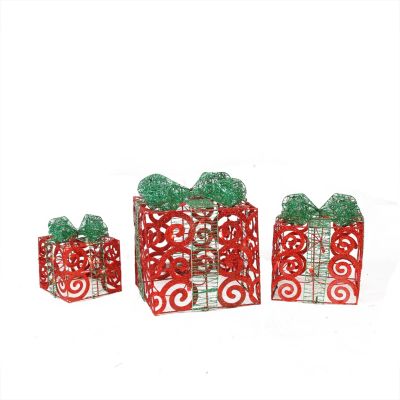 Northlight Set Of 3 Lighted Sparkling Red Swirl Glitter Gift Boxes Christmas Outdoor Decorations