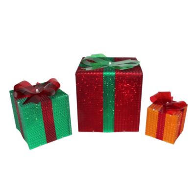 Northlight Set Of 3 Lighted Glistening Gift Box And Bow Outdoor Christmas Decoration